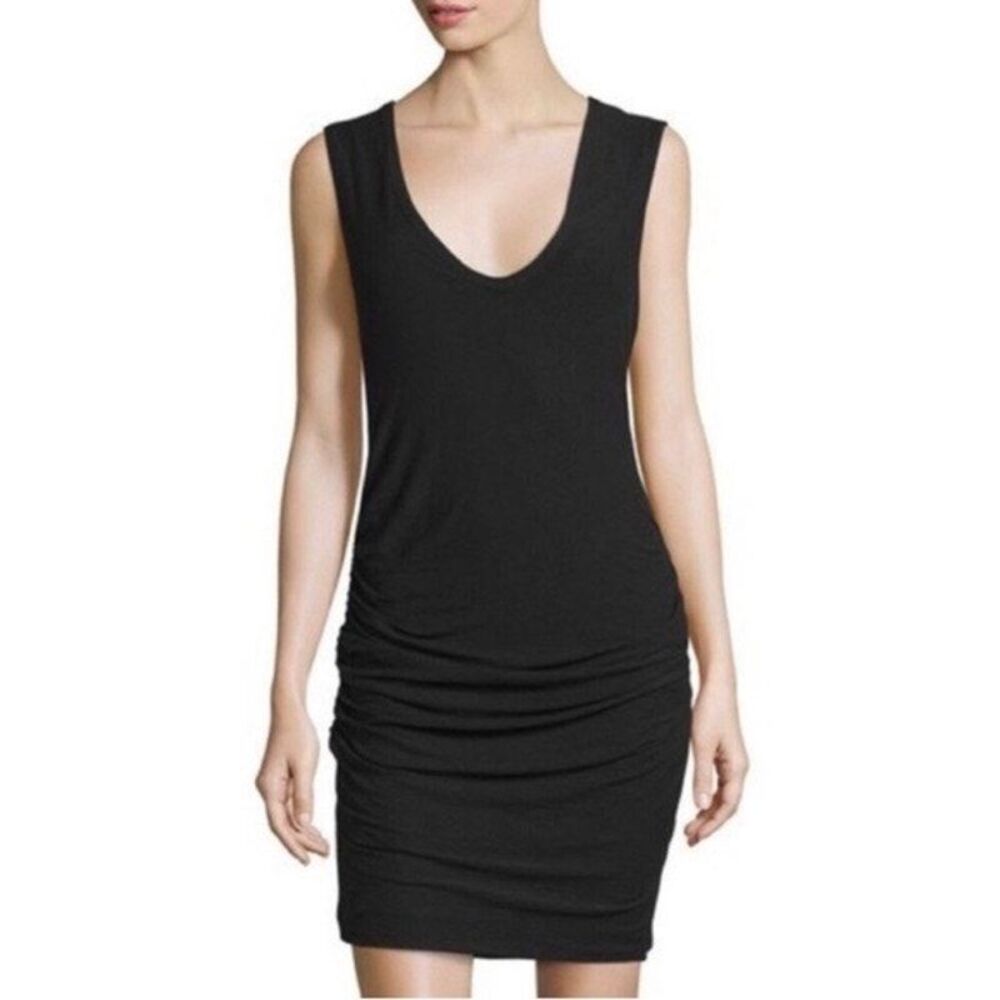 James Perse Side Ruched Midi Tank Dress Double V-Neck Sleeveless Black Size 1